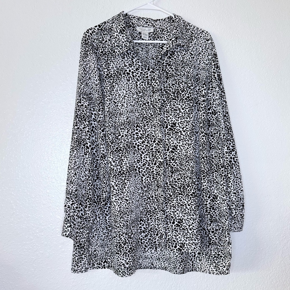 🍓 Rachel Zoe Boho Black White Leopard Animal Print Button Front Blouse 2X